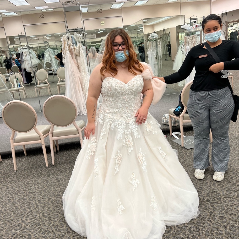 David’s Bridal wedding dress; complete with veil and rose gold belt